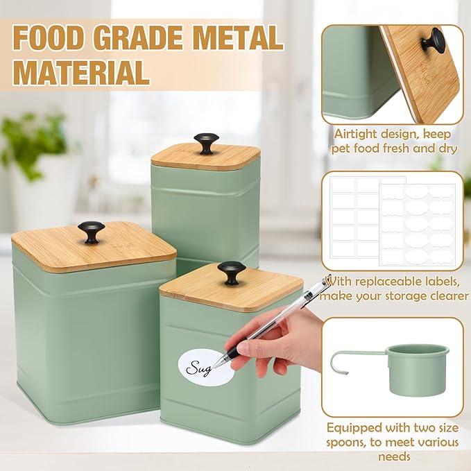 Tioncy Kitchen Canisters for Countertop Set of 3 Metal Canisters Sets with Bamboo Lids Spoon Airtight High Capacity Coffee Tea Sugar Flour Jars with DIY Labels Farmhouse Food Storage(Green,L,M,S)