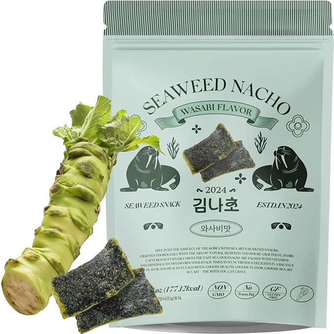 Korean Seaweed Nachos (Wasabi Flavor), 1.41oz (40g) – Healthy Asian Snacks, Low-Sugar, Gluten-Free, Non-GMO Crispy Seaweed Chips