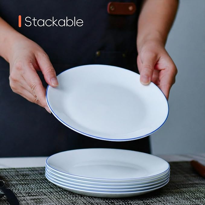 LaGlint 7.5 inch Appetizer Plate Set of 6, Lightweight Opal Glass Round Salad Plates for Dessert Kitchen, Dishwasher and Microwave Safe, Hand Painted Navy Blue Rim
