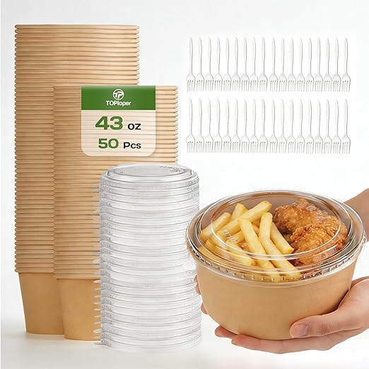 TOPtoper 43Oz 50Pcs Large Paper Bowls with Lids and Forks, Heavy Duty Disposable Meal Prep Containers for Hot/Cold Food, Soup, Disposable Bowls Bulk Soak-Proof for Party