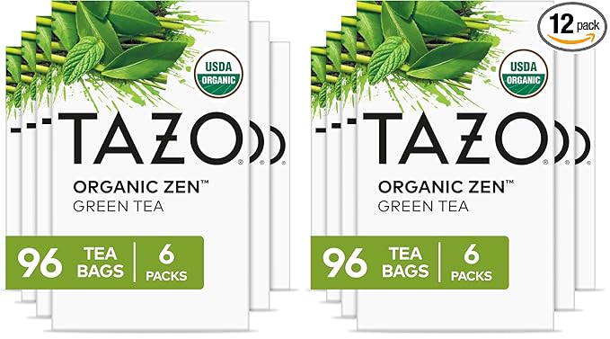 TAZO Organic Zen Green Tea Bags, Caffeine Free Tea with Refreshing Lemongrass & Spearmint, 96 Total Tea Bags (16ct - Pack of 12)