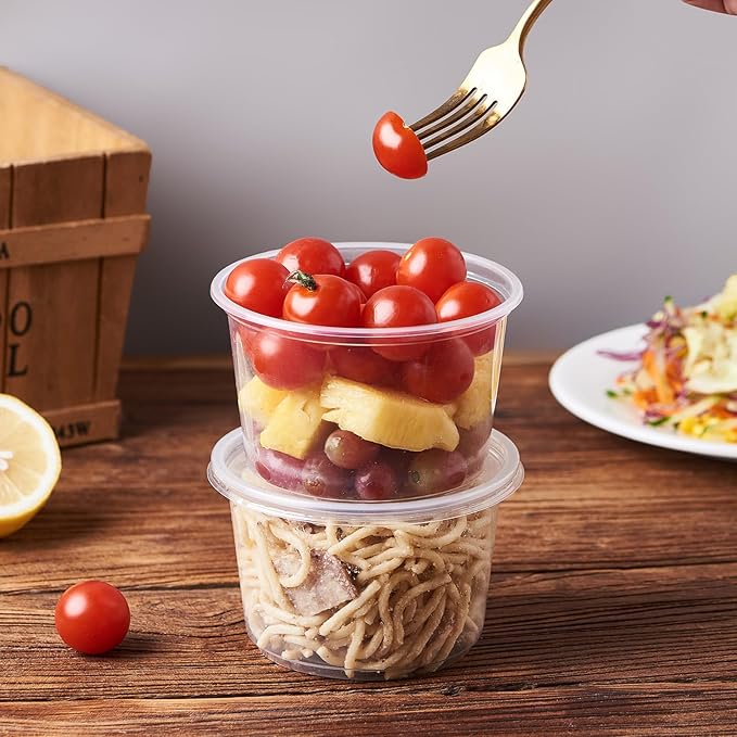 FULING 150 Set - 16 oz. Plastic Deli Disposable Food Storage Containers With Airtight Lids