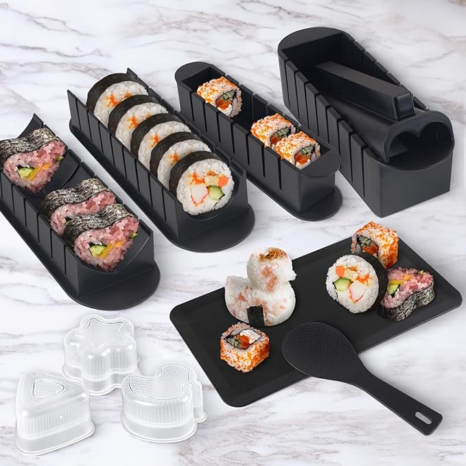 HI NINGER Sushi Maker Set, 24-piece sushi maker kit for beginners to make their own sushi. Can be used as a sushi plate with rice roll molds, knife, sushi plate,sushi rolling mat (Black)