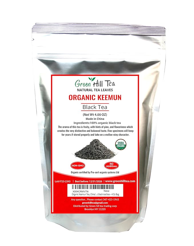 Greenhilltea Keemun Tea 4 OZ, organic black tea from China, celebrated for its rich flavor, smooth character, and versatility as a hot or iced beverage.