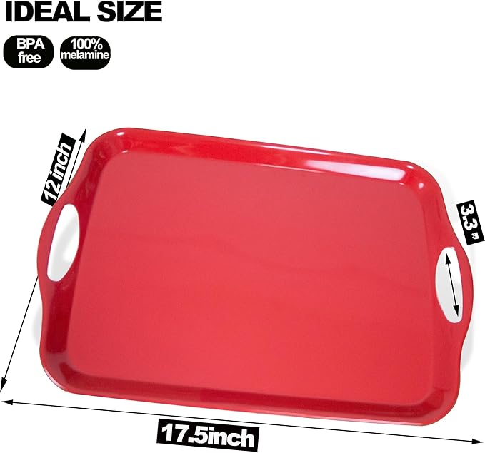 KAQAHIDO Large Melamine Serving Trays for Eating, 17.5’’ x 12’’ Serve Platter for Appetizer, Charcuterie, Food, Snack, Cupcakes, Dessert, BPA-Free, Dishwasher Safe Tray, Set of 2, Red