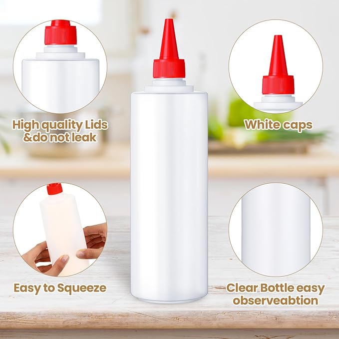 Irenare 30 Pack Plastic Condiment Squeeze Bottles for Sauces Empty Squirt Bottle with Top Cap for Condiment BBQ, Dressing, Paint, Workshop, Crafts(Classic,16 oz)