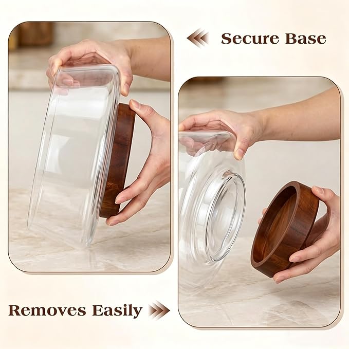 121oz Large Glass Salad Bowl Set with Acacia Wood Base, 3.8QT Clear Serving Bowl with Wooden Spoons, 3600ml Decorative Mixing Bowl for Fruit, Pasta, Party and Thanksgiving (Classic Smooth)