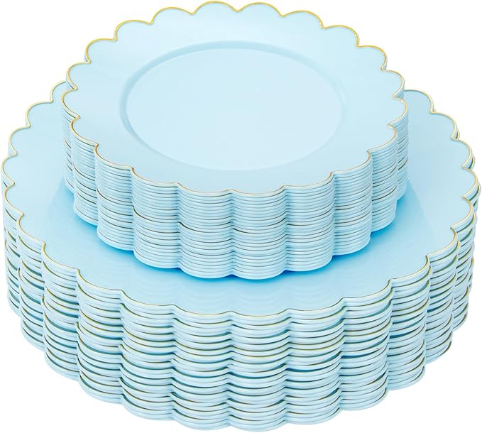 LIYH 60 Pcs Baby Blue Plastic Plates with Gold Edge - Disposable Light Blue Plastic Plates Includes 30 Dinner Plate 10.25" and 30 Dessert Plate 7.5" for Party Birthday Wedding
