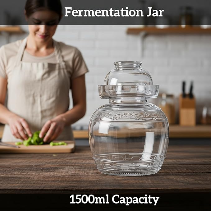1.5L Glass Jar with Lid Fermentation Jar, Traditional Fermenting Kit Crock with Water Seal Airlock Lid, Pickle Jar for Pickles Kimchi, Sauerkraut, Wine Brewing Kombucha