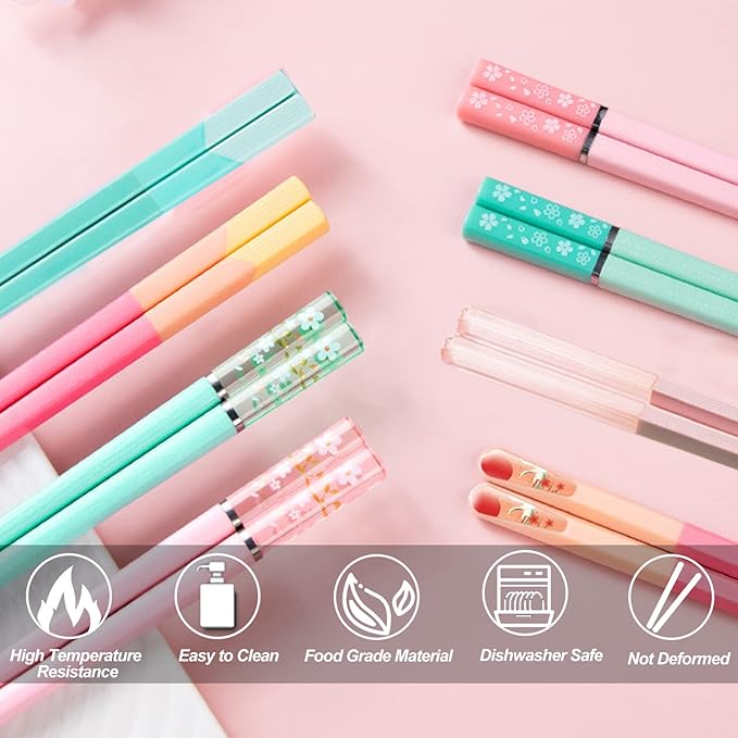 5 Pairs Reusable Chopsticks Dishwasher Safe, Fiberglass Premium Japanese Chines Korean Chopsticks for Sushi Noodles Ramen, Non-slip Chop Sticks, Lightweight, 9.6 inches- Green&Pink-B