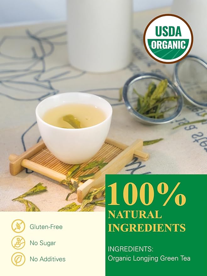 GLDNT Organic Green Tea Longjing, Premium Chinese Dragon Well Green Tea Loose Leaf, Fresh & Brisk Taste, 3.5oz/100g