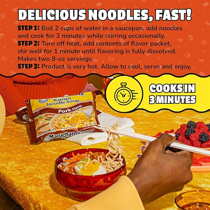 Maruchan Ramen Noodle Soup, Pork Flavor – Japanese-Style Instant Noodles, Quick & Easy Meal for Kids, Students & Busy Families – 3 Oz. (24 Pack)