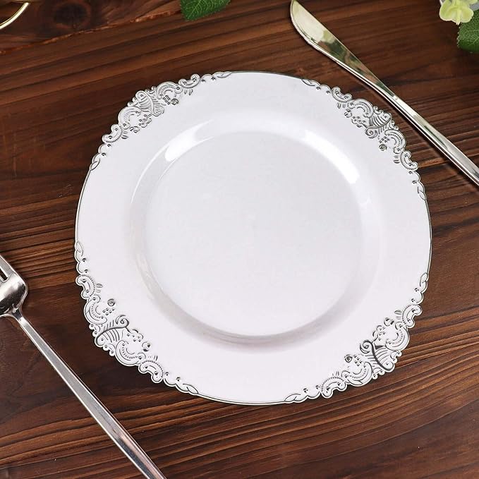 Efavormart 10 Pack | 8" White and Silver Baroque Dessert Plates, Leaf Embossed Metallic Rim Heavy Duty Appetizer Plates for Formal Tea Parties