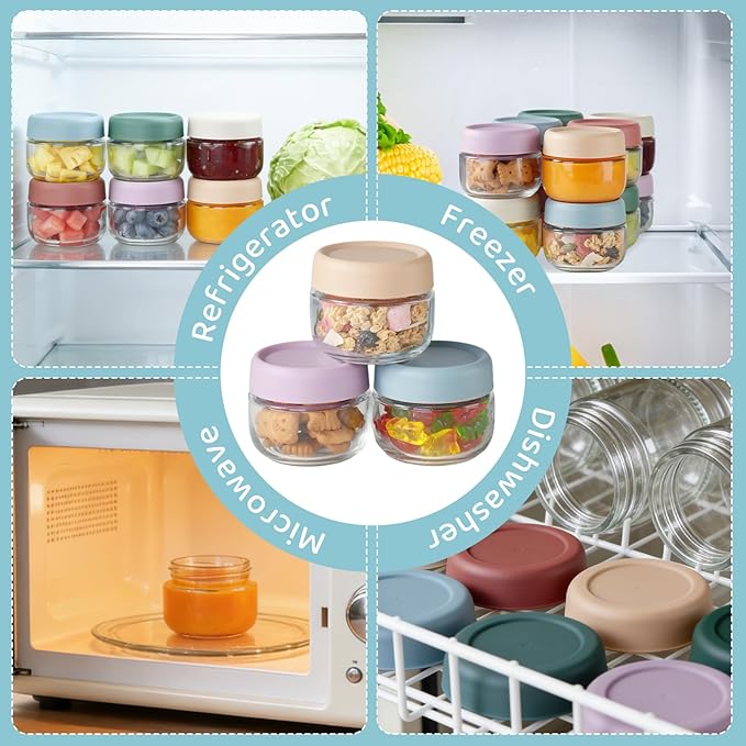 Glass Baby Food Storage Containers, Baby Food Jars, 6 Pack Small Glass Containers with Lids, 4 oz Leakproof Baby Food Storage Containers, BPA Free Microwave/Freezer/Dishwasher Safe, Kids Spoon Fork