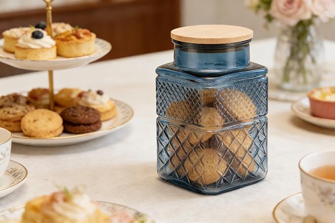 Large Glass Storage Jar Set of 2, 60 FL OZ Glass Food Storage Containers with Bamboo Lid Kitchen Canisters Decorative Jar for Cereal Egg Flour Candy Snack Cookies Coffee Tea Nuts Airtight Jars