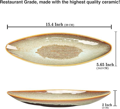 Serving Platter Olives Plate Large Tray Set of 4, For Entertaining Porcelain Trays, Salad, Appetizer, Pasta,Microwave, ovens dishwashers Safe,Brown reactive glaze 15.4 Inch