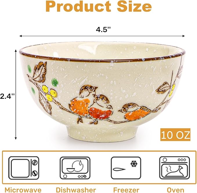 6 Pack Retro Ceramic Bowls, 4.5 Inch Japanese Rice Bowl, 10 Oz Small Soup Serving Set Hand-painted Cereal Holder for Salad, Dessert, Ice Cream, Noodles, Dishwasher Microwave Safe