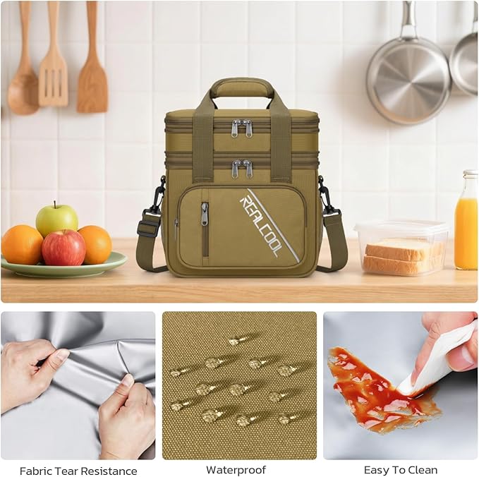 RealCool Lunch Bag, Insulated Lunch Box for Men Women, Double Deck Leakproof Soft Cooler Bag with Adjustable Strap, Reusable Lunchbox for Work, Travel, Camping (Khaki)