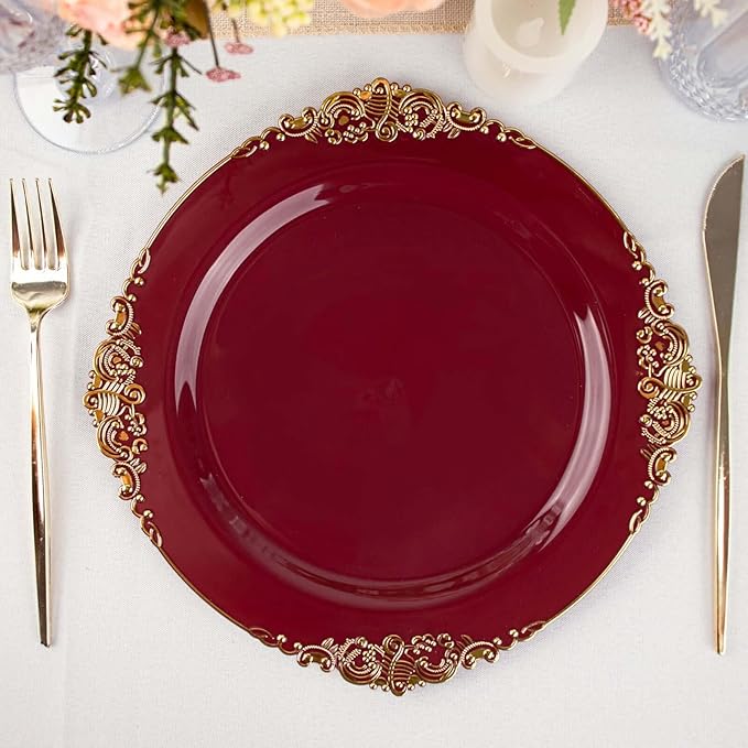 Efavormart 10 Pack | 10" Burgundy and Gold Baroque Dinner Plates, Leaf Embossed Metallic Rim Heavy Duty Serving Plates for Autumn Banquets