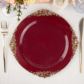 Efavormart 10 Pack | 10" Burgundy and Gold Baroque Dinner Plates, Leaf Embossed Metallic Rim Heavy Duty Serving Plates for Autumn Banquets