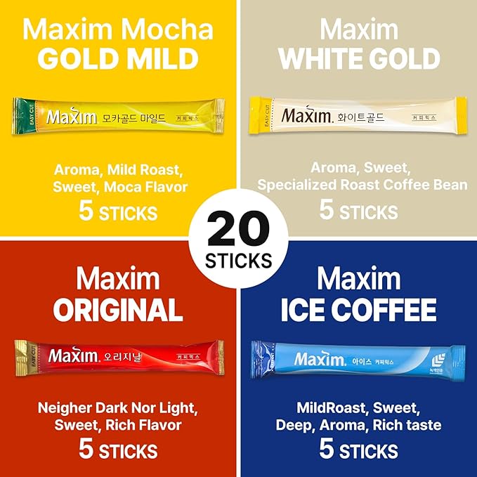 CUTIE MANGO Maxim & Ice Coffee Mix 20 Sticks | Korean Instant Coffee Sampler 4 Flavors Packets (5 Sticks Each) | White Mocha Original Ice Coffee Assortment Café Style | Camping Party Office Easy-Cut