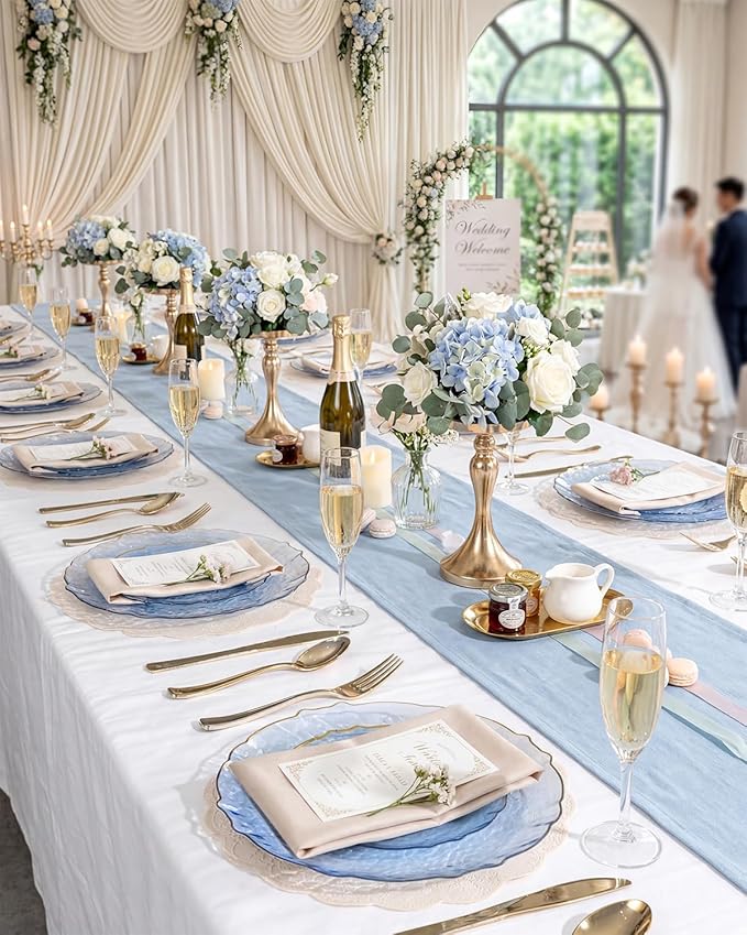 bUCLA 40PCS Clear Blue Plastic Plates - Hammered Disposable Plates with Gold Lace-Edge - Include 20 Each (10inch Dinner & 7inch Dessert) for Party, Birthday & Daily Use