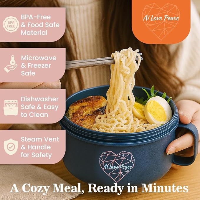 AI LOVE PEACE Ramen Bowl, 40 oz Microwaveable Noodle Cooker for Ramen, Pho, Soup, and Pasta, Dishwasher Safe and Portable, Ideal for Home, Office, Dorm, or Gift (Pink)