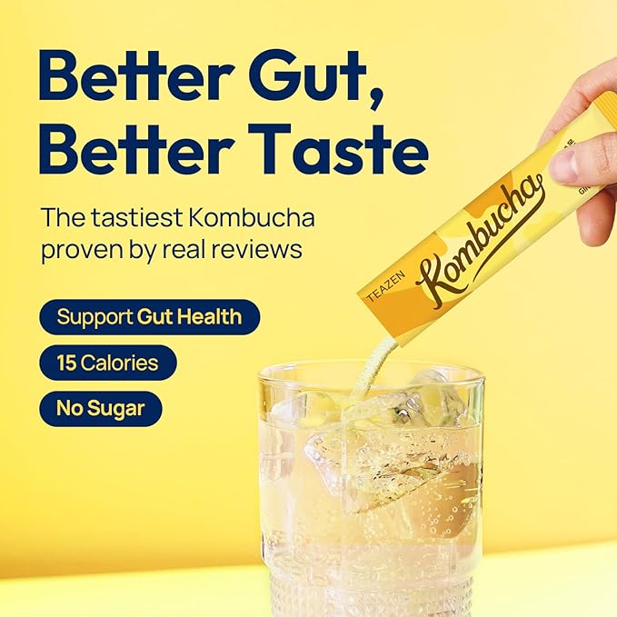 TEAZEN Lemon Ginger Hot Kombucha Tea, Live Probiotics & Postbiotics, Relaxation and Warmth for Colds and Sore Throat, Hydration Drink Mix, Sugar Free, 30 Sticks, 5.29oz