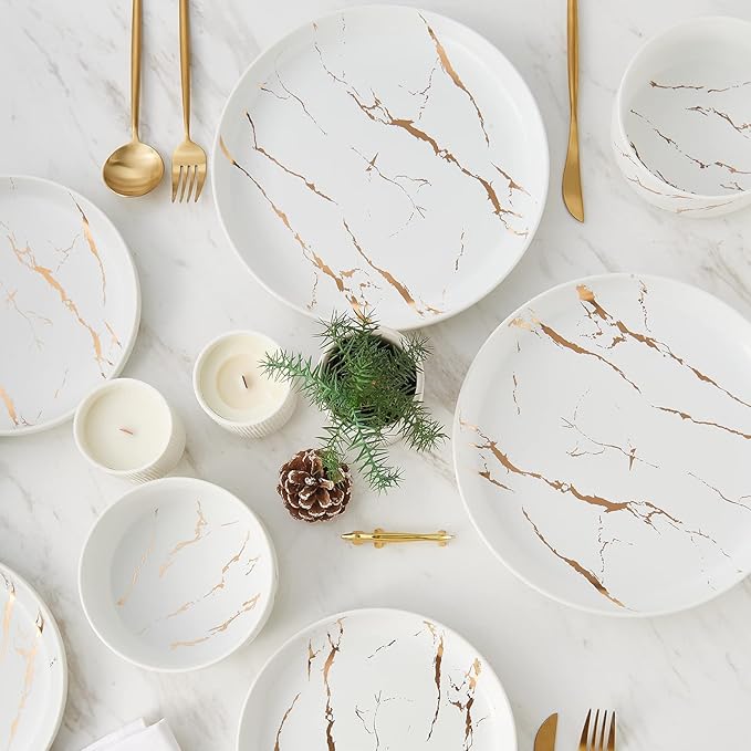 Pokini White Gold Splash Dinnerware Sets, 12 Pieces Fine China Marble Plates and Bowls Sets, Modern Porcelain Dish Set for 4, Luxury Dinner Set for Formal Dinners and Weddings