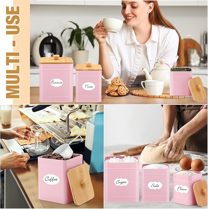 Tioncy Kitchen Canisters for Countertop Set of 3 Metal Canisters Sets with Bamboo Lids Spoon Airtight High Capacity Coffee Tea Sugar Flour Jars with DIY Labels Farmhouse Food Storage(Pink,L,M,S)