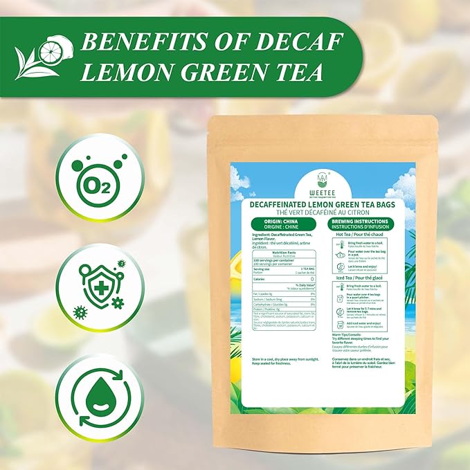 WT WEETEE Decaf Green Tea with Lemon Flavor, Decaffeinated Lemon Green Tea Bags 100 Count, Refreshing & Soothing, Super Antioxidant, Drink Whole Day