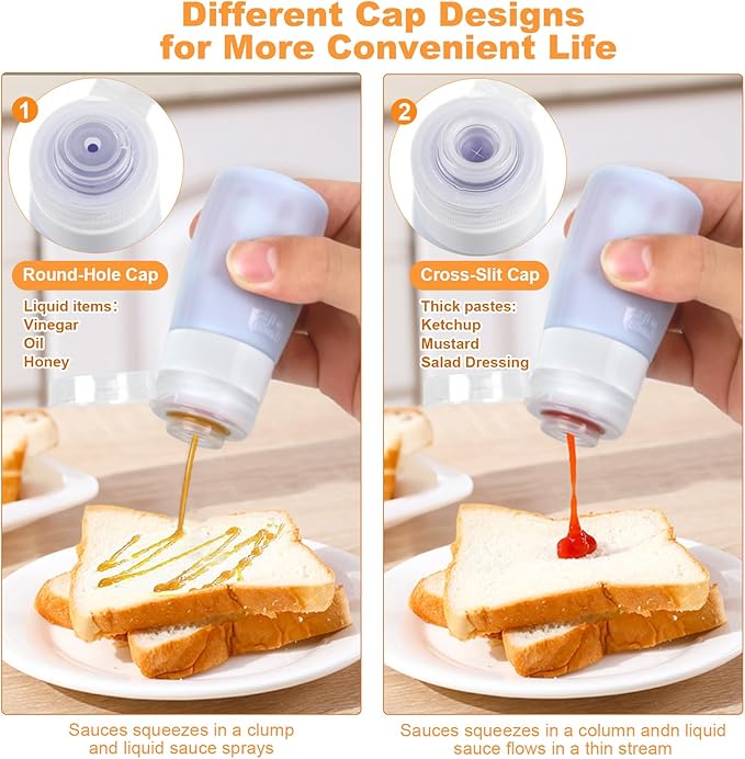 Seropy Condiment Squeeze Bottles for Sauces, Salad Dressing Container to Go, Small Silicone Squeeze Bottles, Condiment Containers Dispenser for Ketchup Hot Sauce, Purple/Beige/Blue/Gray 2 Oz