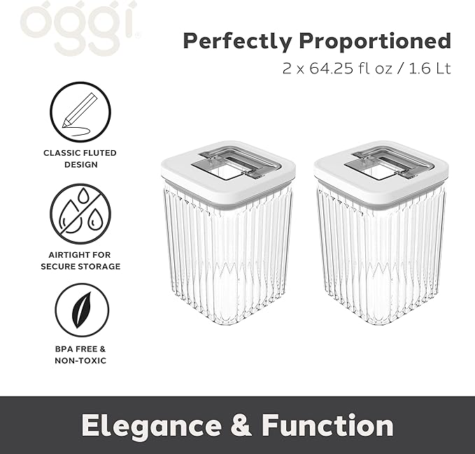 Oggi Airtight Clear Fluted Canister Set of 2 - Stackable Food Storage Containers with Lids, Vintage Modern Farmhouse Style, Kitchen Counter & Pantry Organization, Size - 2 x 64.25 fl oz / 1.6 Lt