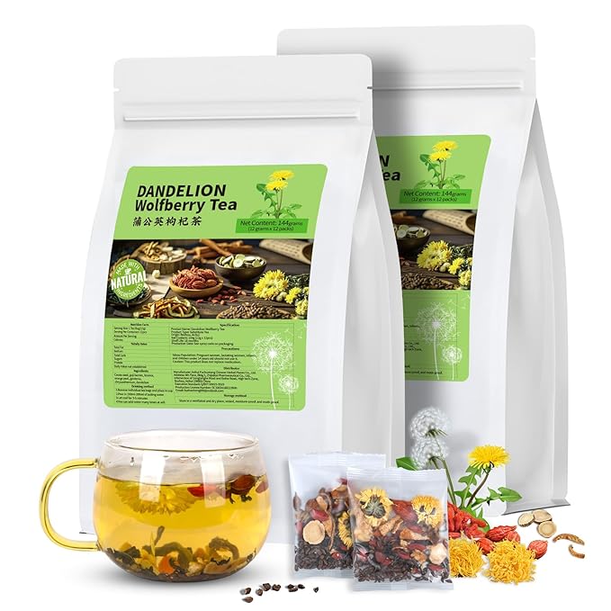 Dandelion Wolfberry Tea, Chinese Traditional 7 Natural Herbs Formula Blend Support Kidney & Liver Health Dandelion Root Tea Bags (2 Pack/24 Bags)