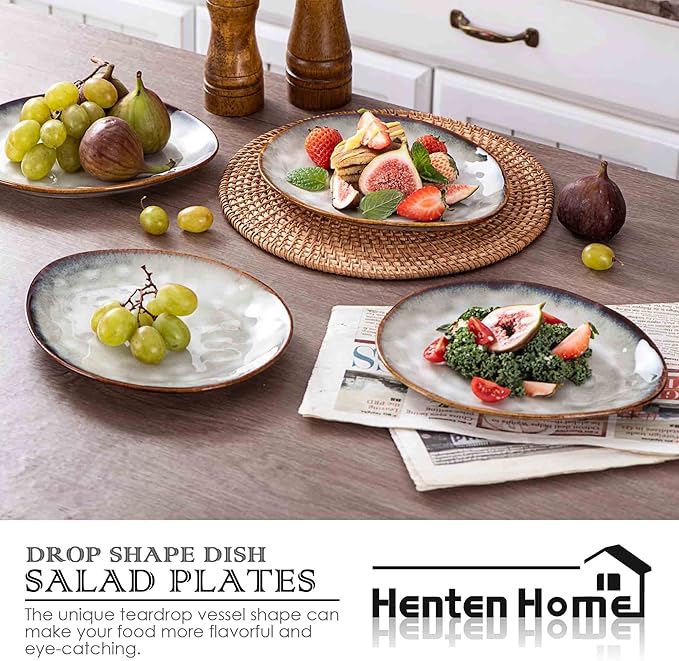 Henten Home Ceramic Appetizer Plate Set, 6.75 Inch Dessert Plates, Reactive Glaze Serving Plates for Snack, Sushi, Set of 4, Microwave & Dishwasher Safe (White)