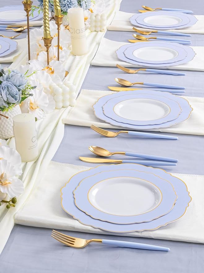 WDF 60pcs Blue Plates Disposable With Gold Rim - Baroque Baby Blue Plastic Party Plates for Wedding/Party/Baby Shower/Spring
