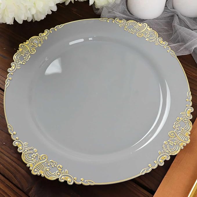 Efavormart 10 Pack | 10" Gray and Gold Baroque Dinner Plates, Leaf Embossed Metallic Rim Heavy Duty Serving Plates for Contemporary Industrial Banquets