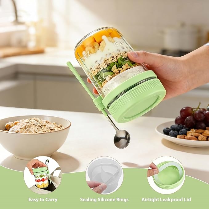 4 Pack Overnight Oats Containers with Lids and Spoons - 16 oz Glass Mason Jars with Dressing Cup, Over night Oat Jars for Meal Prep, Yogurt Parfait Cup for Chiaseed Salad (Green)