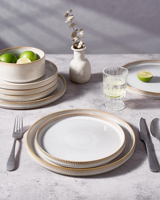 famiware Star Salad Plates for 6, 8 inches Plate Set, Stoneware Dinnerware, Small Dinner Plates for Dessert, Salad, Appetizer, Cappuccino White (Pack of 2)