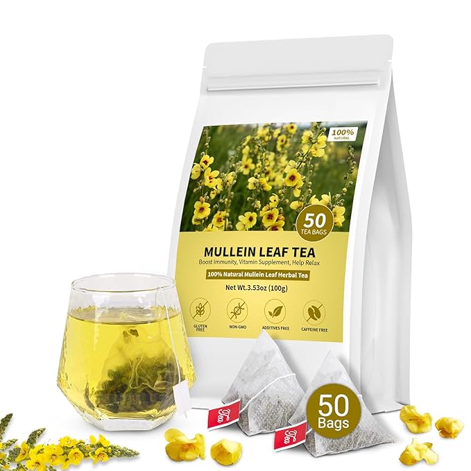 Mullein Tea Bags for Lungs, 100% Pure Mullein Leaf Tea for Lungs Cleanse and Respiratory Support, Caffeine Free, No Additives, Non-GMO (1 Pack/50 Bags)