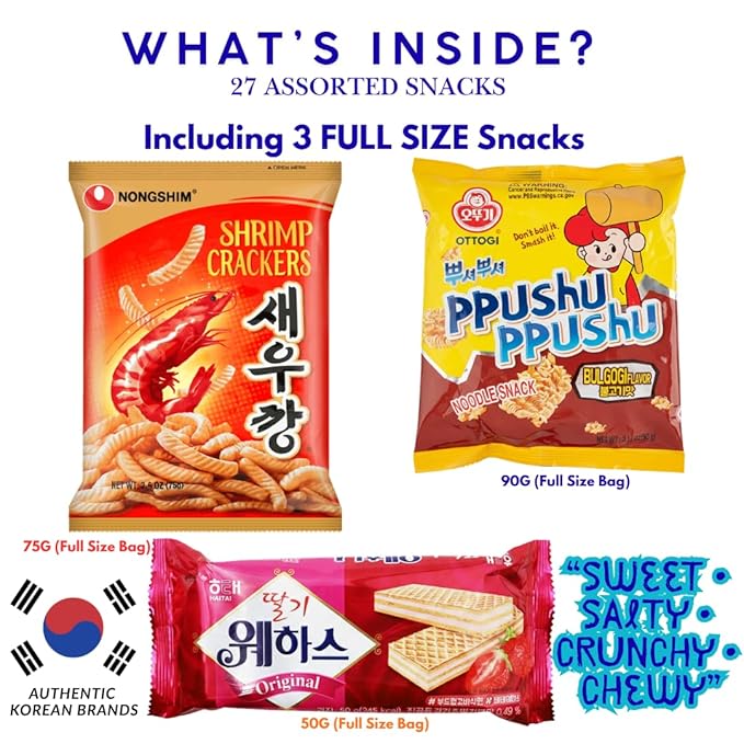 Premium Korean Snack Box – 27 Individually Wrapped Assorted Snacks Including Full-Size Items, Sweet & Savory Chips, Cookies & Treats, Gift Sampler for Kids, Teens, Adults & Seniors (Including 3 Full Size Snacks)