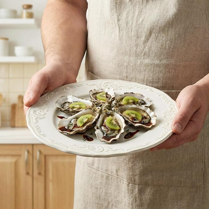 Ceramic dinner plate set (4 pieces), ceramic dinner plates, embossed salad plates, kitchen porcelain tableware, microwave/oven/dishwasher safe, scratch resistant. (off-white1)
