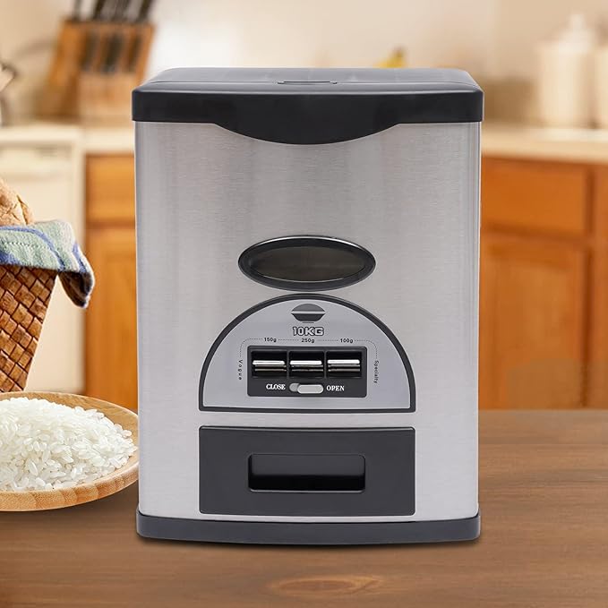 10Kg/22Lb Auto Rice Dispenser, Black Dispenser Three Gears Measuring Rice Storage Container Stainless Steel Rice Organization with Grains Tray Cone-Shaped Funnel Design