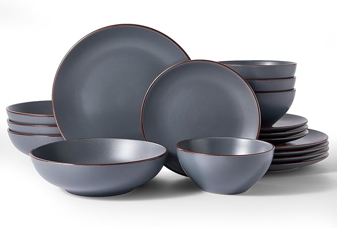 Famiware Venus Stoneware Dinnerware Sets with Pasta Bowls for 4, 16-Piece Speckled Plates and Bowls with Trim, Matte Charcoal - Chip‑Resistant Dishes for Everyday/Formal Use, Microwave/Dishwasher Safe