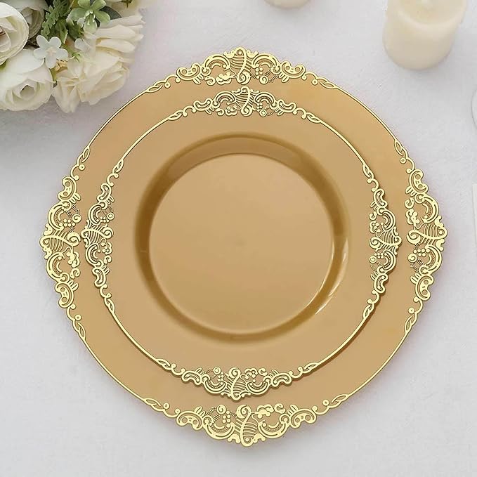 Efavormart 10 Pack | 8" All-Gold Baroque Dessert Plates, Leaf Embossed Metallic Rim Heavy Duty Appetizer Plates for Royal Anniversary Celebrations