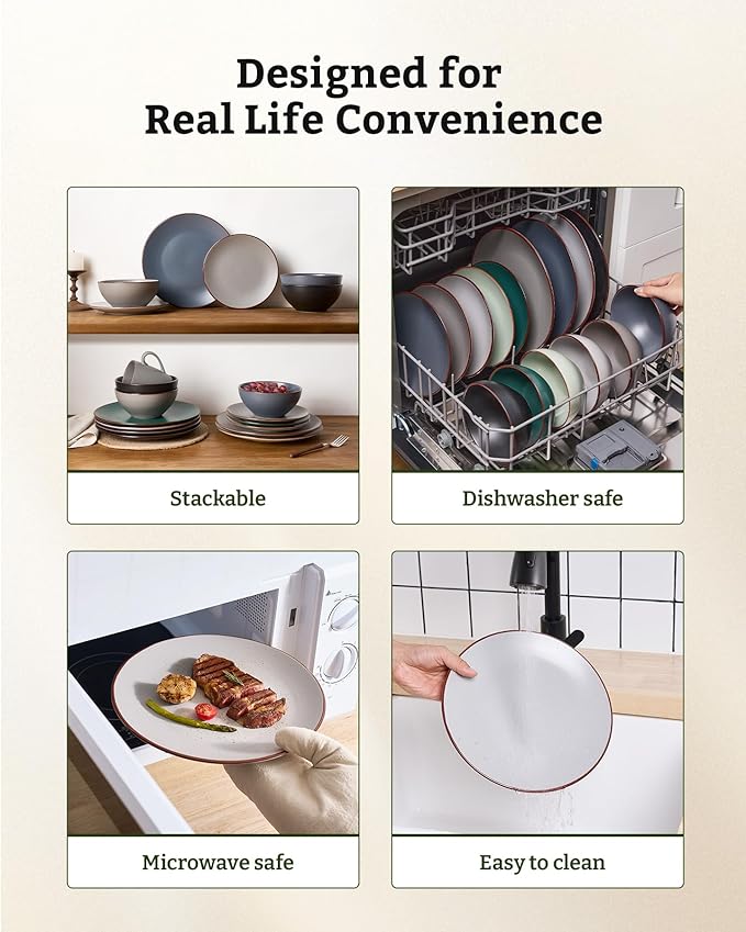 Famiware Venus Plates and Bowls Sets with Trim, 12 Pieces Speckled Stoneware Dishes Dinnerware Set for 4, Matte Light Gray - Microwave & Dishwasher Safe, Modern Minimalist, Everyday & Formal Dining