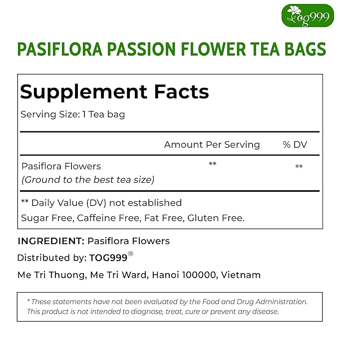 TOG999, Premium 120 Pasiflora Pasion Flower Tea Bags, 100% Natural & Pure Pasiflora Passion Flower, Herbal Tea. No Sugar, No Caffeine, No Gluten, Vegan.