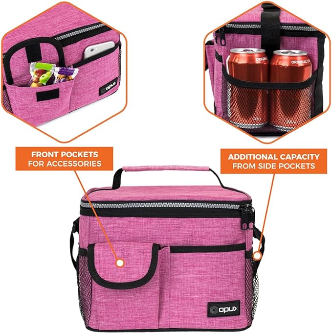 opux Insulated Lunch Box for Men Women Kids, Leakproof Reusable Lunch Bag Cooler for Work School Office, Soft Thermal Lunchbox Tote with Shoulder Strap for Boys Girls Adults, Heather Pink, 14 Can/8L