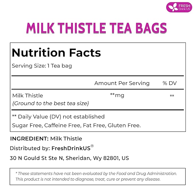 FreshDrinkUS, Premium 30 Milk Thistle Tea Bags, 100% Natural & Pure from Milk Thistle Seeds. Milk Thistle Seed Herbal Tea. Made with Natural Material Tea Bags. No Sugar, No Caffeine, No Gluten, Vegan.