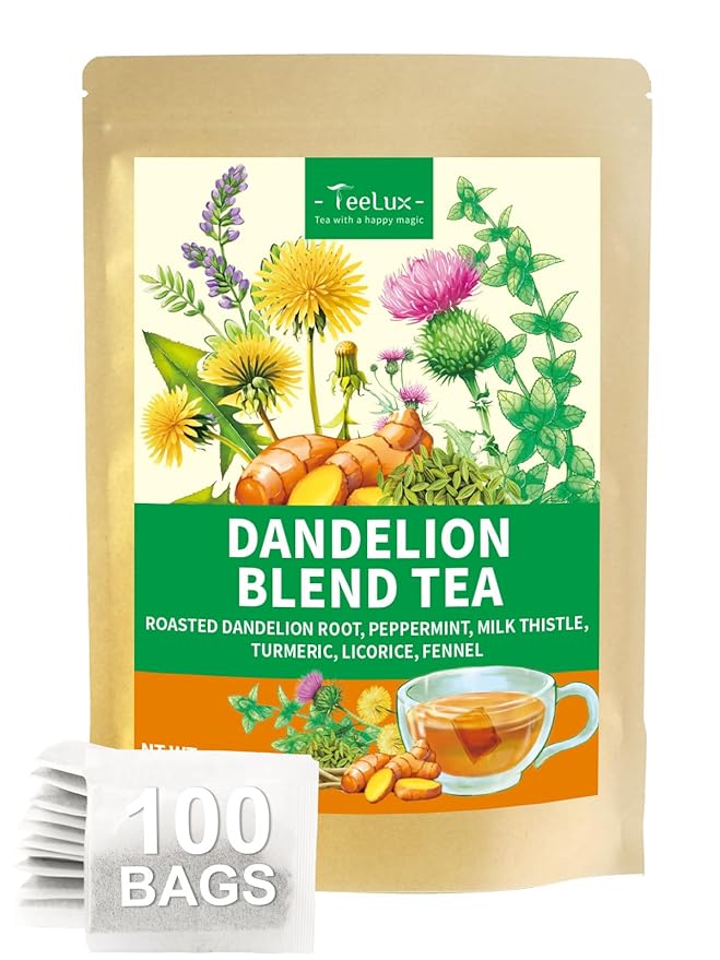 TeeLux Dandelion Herbal Tea, Roasted Dandelion Root with Peppermint, Milk Thistle, Turmeric, Licorice, Roasted Aroma, Smooth & Refreshing, 100 Count